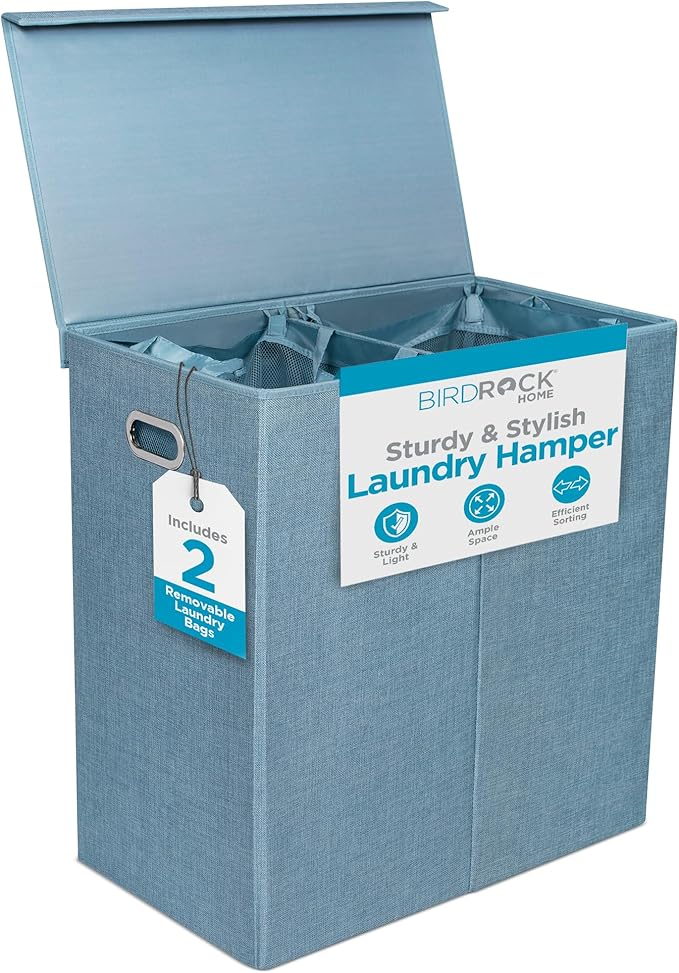 BIRDROCK HOME Laundry Hamper with Lid | Removable Bags for Sorting Clothes | Sectioned Laundry Basket for Bedroom & Bathroom | Collapsible Storage Bin with Cover | Double, Light Blue