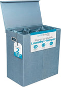 BIRDROCK HOME Laundry Hamper with Lid | Removable Bags for Sorting Clothes | Sectioned Laundry Basket for Bedroom & Bathroom | Collapsible Storage Bin with Cover | Double, Light Blue