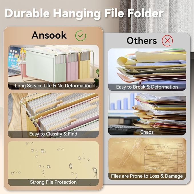 Ansook Plastic Legal Size Hanging File Folders,Heavy Duty 3" Legal Expandable File Folder Hanging with Tabs,6 Pack Extra Capacity File Cabinet Folders,Hanging File Organizer-Assorted Colors