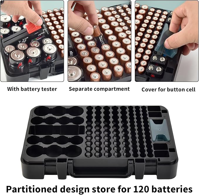 Battery Organizer with Tester, Battery Box Holder for 120+ AA AAA C D 9V 3V Lithium LR44 CR2 CR123 CR1632 18650 Batteries with Wall-Mounted Design (Black)