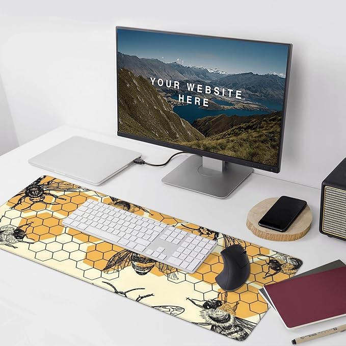 Bee and Honeycomb Large Mouse Pad, Vintage Aesthetic Gaming Desk Mat, XXL Keyboard Desk Pad Mat for Desktop, 35.4"x15.7" Non-Slip Base Big Mousepad with Stitched Edges