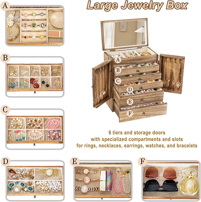 Emfogo Wooden Jewelry Box for Women, 6-Tier Large Jewelry Organizer Boxes with Mirror Rustic Solid Wood jewlery Storage Display for Rings Earrings Necklaces Bracelets watches(Carbonized Black)