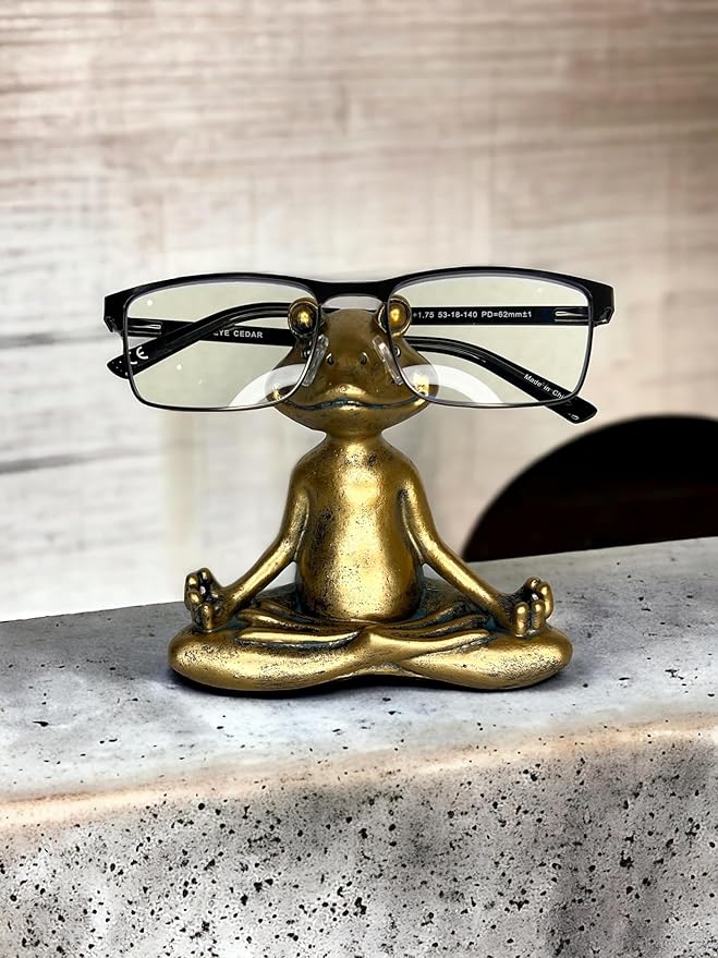 Top Brass Yoga Frog Eyeglass Holder – Whimsical Reading Glasses Sunglass Stand – Funny Desk Nightstand Keeper Rack Display – Meditating Zen Lotus Pose Figurine