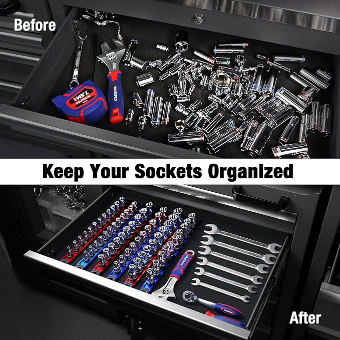 WORKPRO Magnetic Socket Organizer, 1/4-Inch Drive Aluminum Alloy Socket Rail, Heavy Duty Socket Holder, Socket Rack Kit 1/4-Inch x 12 Clips (Red)