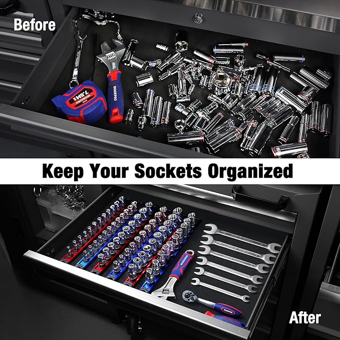 WORKPRO Magnetic Socket Organizer, 3/8-Inch Drive Aluminum Alloy Sockets Rail, Heavy Duty Sockets Holder, Socket Rack Kit 3/8-Inch x 10 Clips (Red)