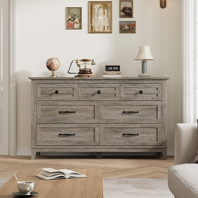 GarveeHome 7 Dresser for Bedroom, 54 in Wide Drawer Dresser with Storage Freestanding, Wooden Closet Storage Chest for Living Room, Bedroom, Entryway, Ash Grey