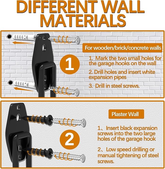 3-H Garage Wall Hooks 62 Pack, Heavy Duty Garage Hooks with Extra Welding Spots, Wall Mount Storage Organizer for Hanging Garden Lawn Tools, Ladder, Bike, WeedEater, Chair, Shovel, Blower (Orange)