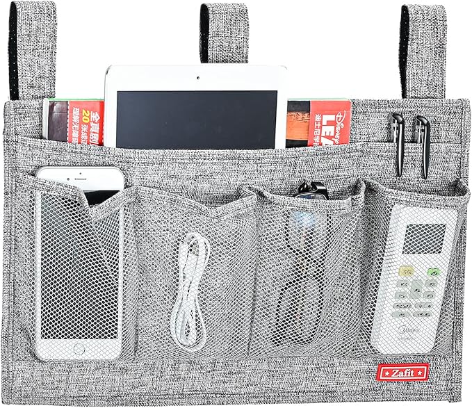 Linen Bedside Caddy, Bedside Storage Organizer for Hospital Beds, College Dorm Rooms or Baby Bed (6 Pockets-Grey)