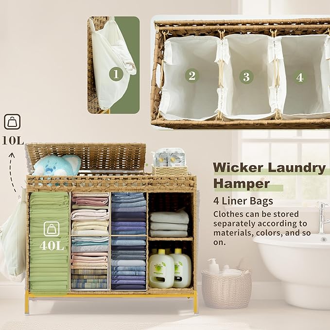 Laundry Hamper with Lid, 130L (34.4 Gal) Rattan Laundry Hamper 3 Section with 50L (13.2 Gal) Storage Shelf, Wicker Woven Laundry Sorter Basket with 4 Liner Bags and Handles, Gray GLH003G