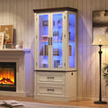 St.Mandyu 71" Tall Display Cabinet with Glass Doors, 4-Tier Lighted Curio Cabinets with 2 Storage Drawers and Metal Handle for Living Room, Home, Kitchen, White