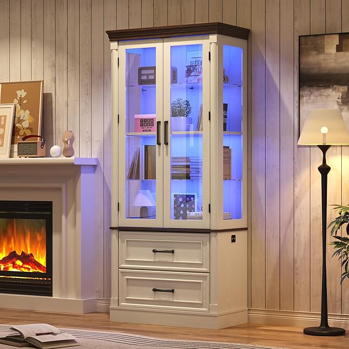 St.Mandyu 71" Tall Display Cabinet with Glass Doors, 4-Tier Lighted Curio Cabinets with 2 Storage Drawers and Metal Handle for Living Room, Home, Kitchen, White