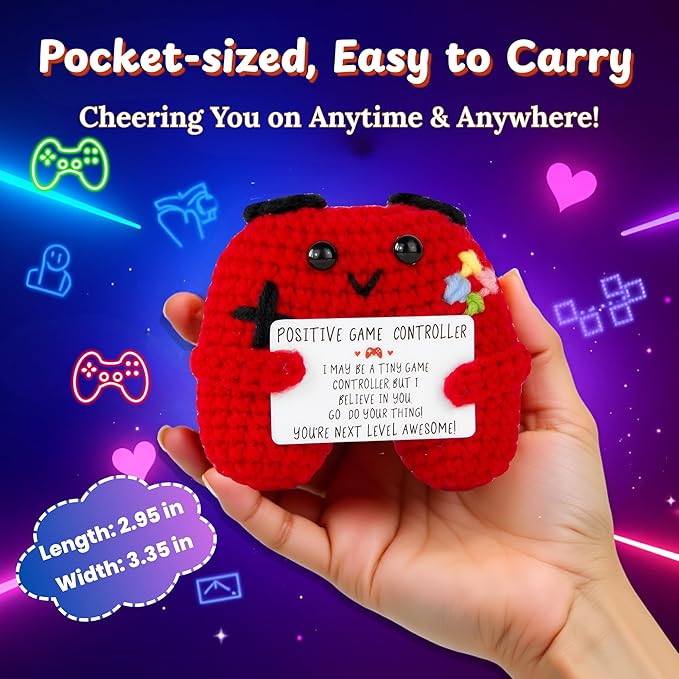 Gamer Gifts Positive Crochet Game Controller and Inspirational Keychain, Unique Teenage Boy Gifts Idea, Gaming Gift Set with Gamer Keychain, Birthday Gift Emotional Support Crochet for Game Lovers