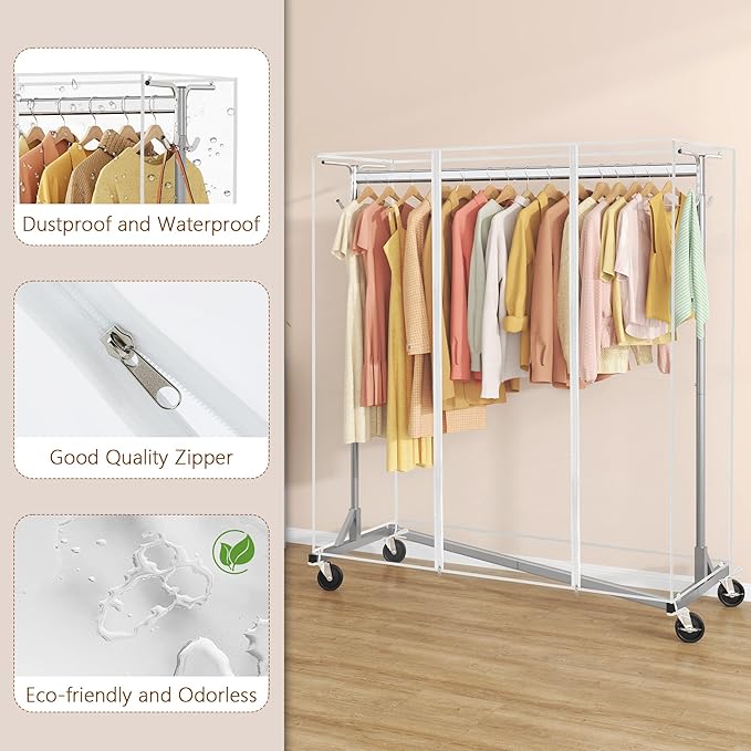 Hoctieon Z Clothes Rack with Cover, Metal Heavy Duty Clothing Rack, Rolling Garment Rack with Wheels, with Dustproof Cover Waterproof Protector, with 2 Durable Zippers, for Hanging Clothes, Grey