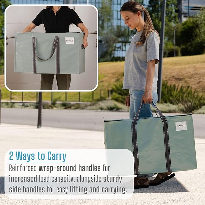 VENO 2 Pack Moving Bags and Large Christmas Storage Bins with lids. Alternative to Moving Boxes, Packing Supplies for College. Extra Large Heavy Duty Totes for Packaging (Shiny Light Green, 2 Pack)