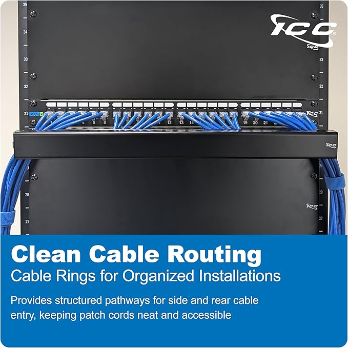ICC 1U Ring Cable Manager Panel with Cover, Metal, 3" D-Rings, Horizontal and Vertical Cable Management, Rackmount for 19” Network Racks, Black, Single Pack