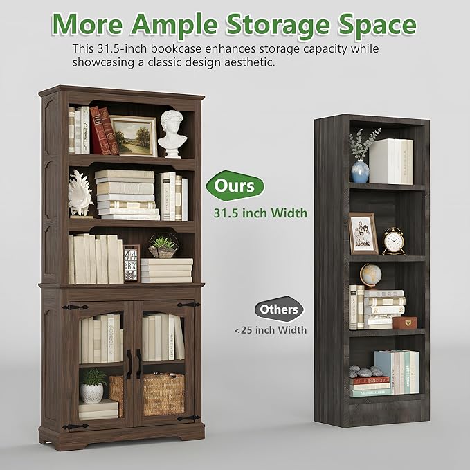 70 Inch Farmhouse Bookcase, Walnut Two-Tone Shelves, 5 Tier Bookshelf with Arched Trim Glass Doors, Living Room Storage Cabinet Unit, 31.5x11.8 Inches (Walnut, Glass Doors Storage)