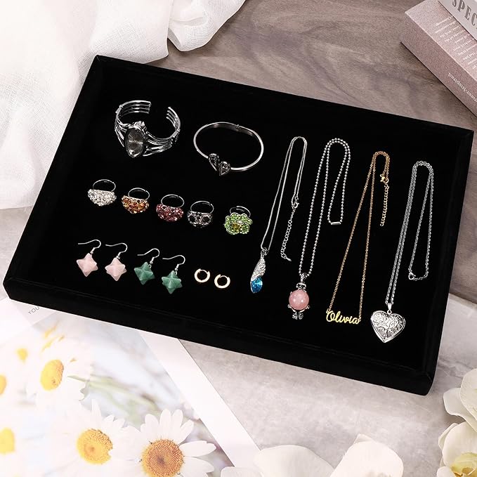 Mornajina 13.8" x 9.5" Velvet Jewelry Tray Jewelry Display Tray, Stackable Empty Plate Trays for Earrings Necklaces Bracelet Rings Display Showcase - Black