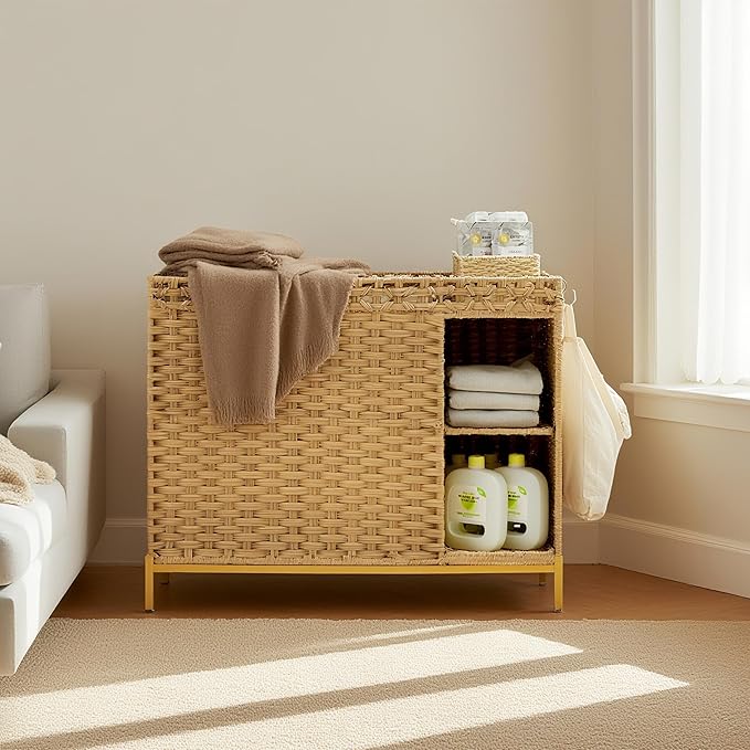 Laundry Hamper with Lid, 130L (34.4 Gal) Rattan Laundry Hamper 3 Section with 50L (13.2 Gal) Storage Shelf, Wicker Woven Laundry Sorter Basket with 4 Liner Bags and Handles, Gray GLH003G