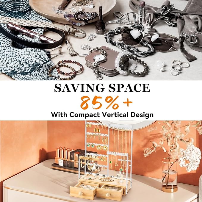 DreamGenius Jewelry Organizer Stand with 2 Velvet Ring Holder Drawers, 5 Tier Jewelry Holder Organizer with 11 Hooks for Necklaces and 145 Holes for Earrings, White