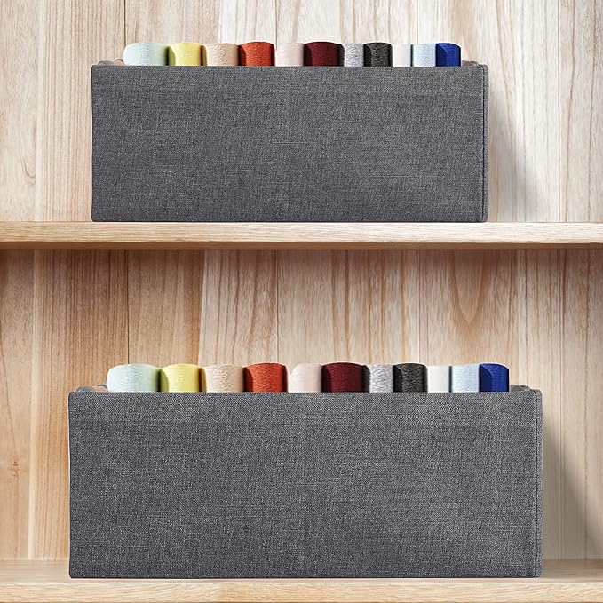 Fabric Storage Bin 3 Pack Foldable Cotton Linen Storage Basket with Wooden Handles Rectangular Cube Box – Gray, Small