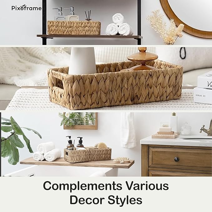Rectangular Handwoven Wicker Basket - Water Hyacinth Storage Baskets with 2 Thickened Built-In Handles for Store Toilet Papers, Small Plants, Candles etc - 14.25”x6.5”x3.75” - Natural