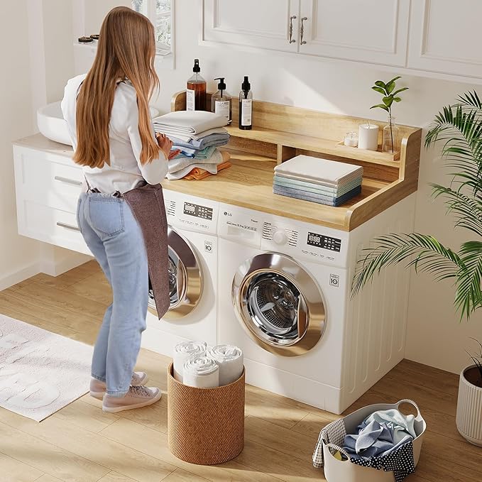 Washer Dryer Countertop with 2-Tier Shelf, 54" W x 27.55" D Laundry Countertop with 2.75" H Guard Edge Rails, Wood Topper with Non-Slip Pad (Pure Wood Color)