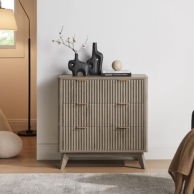 T4TREAM Fluted 3 Drawers Nightstand Set of 2, Oversized Extra Large Modern Side Table, End Table Bedside for Bedroom, Living Room, Curved Profile Design, Grey Alder