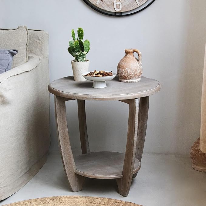 COZAYH Rustic Farmhouse End Table with Storage Shelf, French Country Modern Round Accent Side Table for Small Spaces, Vintage Grey Finish
