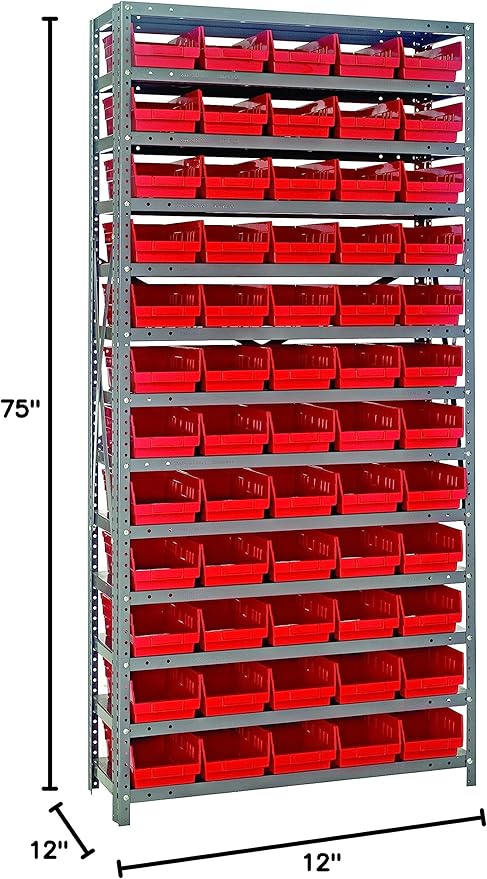 Quantum Storage Systems 1275-102RD Steel Shelving Unit with 4' Shelf Bins, 12' D x 36' W x 75' H, Red