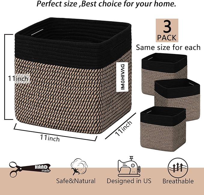 Cube Storage Bins 11 Inch Cotton Rope Woven Storage Basket for Organizing 3 Pack | Storage Cubes for Organization and Storage | Square Cube Organizer | Closet Toy Bin（Black Jute）