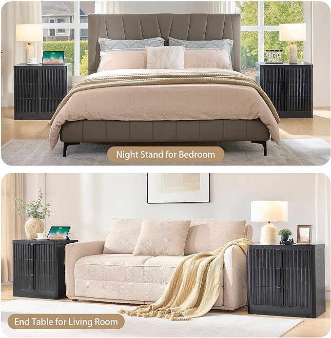 23.6" Nightstand Set of 2 with Charging Station, Side Table with 3 Storage Drawers, Mid Century Modern Night Stand with Solid Wood Handle, Bedside End Table for Bedroom, Living Room, Black