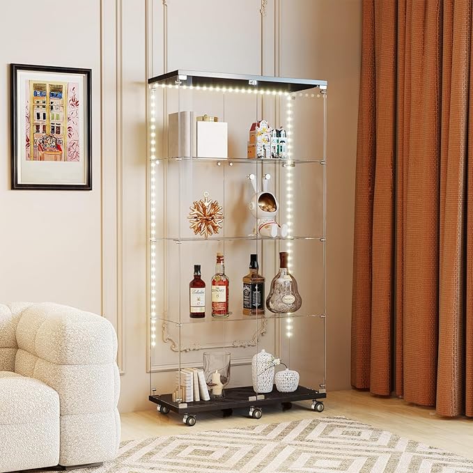 Tempered Glass Display Cabinet with Light Strip, 4-Tier Curio Cabinet with Glass Doors Wheels Locks, Glass Display Case for Collectibles for Living Room, Bedroom, Office, Black, Double Door
