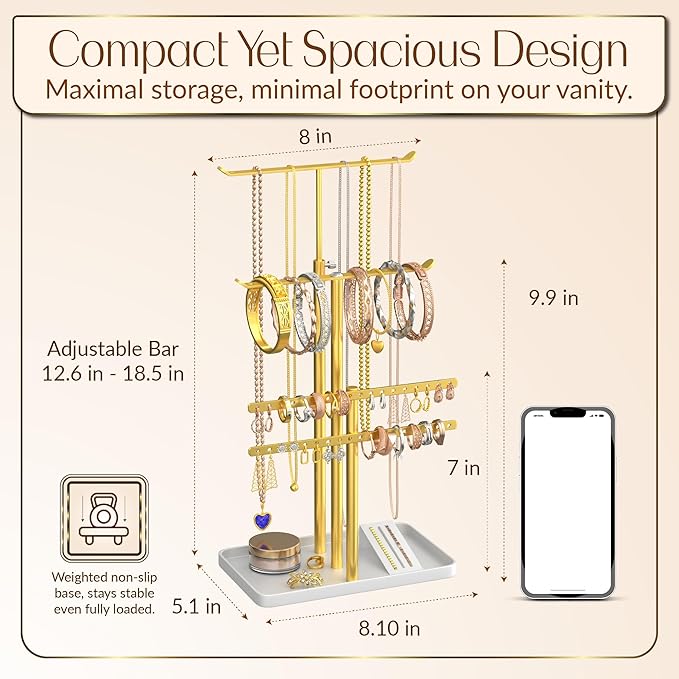 Jewelry Tower Stand Organizer for Women - Elegant Jewelry Holder Display with Necklace Holder, Earring Organizer & Bracelet Rack - Tabletop Jewelry Stand for Dresser, Vanity, Desk