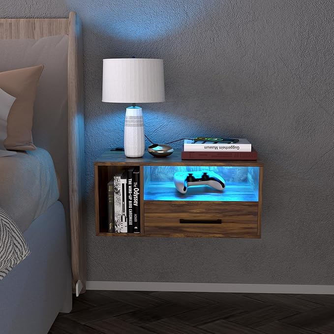 Homaterial Floating Nightstand with Charging Station and LED Lights, Floating Bedside Table with Drawers Wall Mounted Nightstands,for Bedroom Room, 21.3" x 11.8" x 10",Rustic Brown