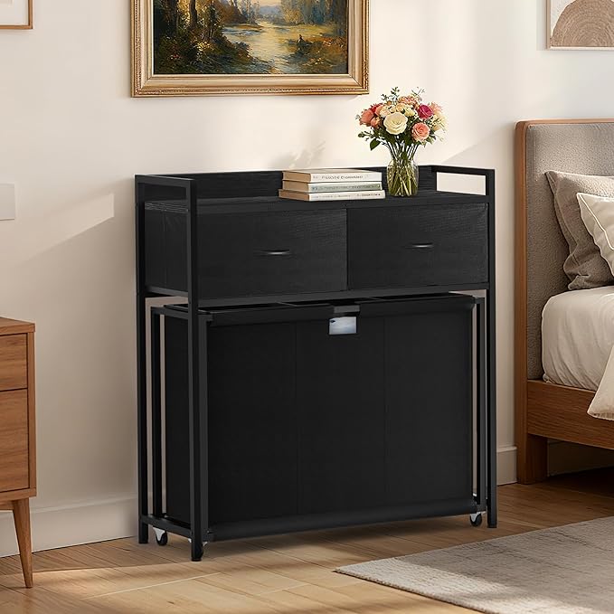 Laundry Hamper with 3 Section Rolling Bags, Laundry Sorter with Wheels, Laundry Basket with 2 Drawer for Laundry Room (Charcoal Black)