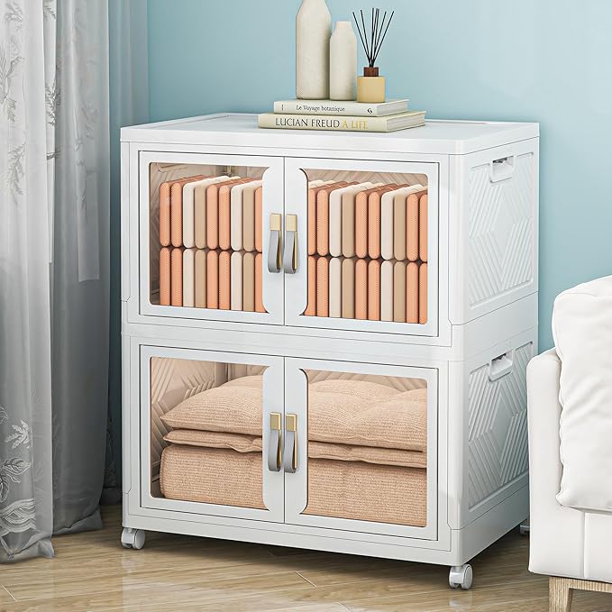 Large Clear Stackable Storage Bins with Lids, Foldable Storage Cabinet for Closet Organizers and Storage, Plastic Storage Box with Wheels 314 QT