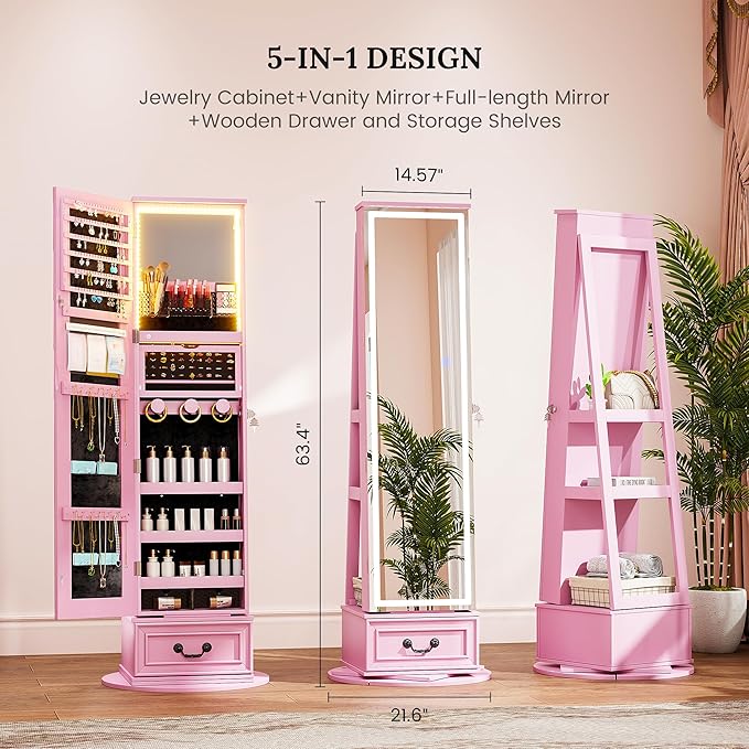 LVSOMT LED Mirror Jewelry Cabinet Standing, 360°Swivel Jewelry Armoire with Full Length Mirror, Mirror with Jewelry Storage and Large Wooden Drawer for Christmas Gifts (Pink)