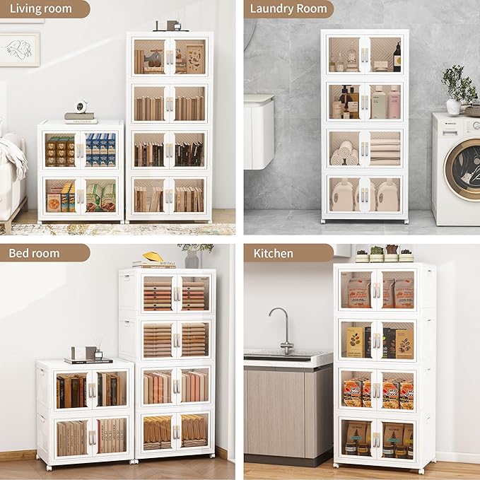 Large Clear Stackable Storage Bins with Lids, Foldable Storage Cabinet for Closet Organizers and Storage, Plastic Storage Box with Wheels 398 QT