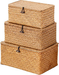 Nonam Storage Basket with Lid, Natural Seagrass Bin with Lid Set of 3, Shelf Baskets Multipurpose Container for Boho Decoration, Rectangular Household Storage Boxes for Home Organization
