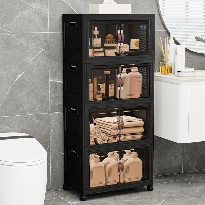 Storage Bins with Lids and Wheels, Collapsible Bathroom Storage Cabinet with Clear Doors, Plastic Stackable Closet Organizers and Storage Containers Black 398 QT