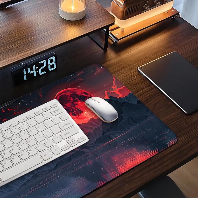 Large Mouse Pad, Red Moon Landscape Desk Mat, Extended Gaming Mouse Pad with Non-Slip Rubber Base, Thick 3mm Smooth Surface Keyboard Mat for Office & Home,35.5 x 15.8 in
