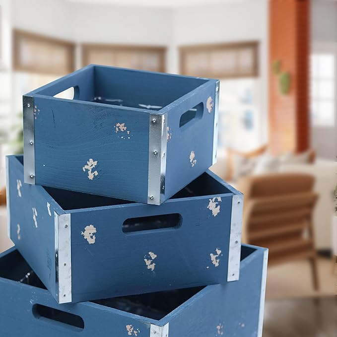 wald imports - Set of 3 Blue Wooden Crates for Storage - Decorative Wooden Crate Set for Home Decoration & Display - Vintage Storage for Household Goods