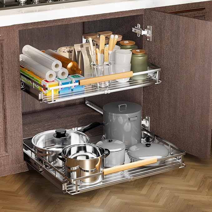 1 Pack Expandable Pull Out Cabinet Organizer，Side Mounting 12.3~18.5"x22.5"Cabinet Pull Out Shelves, Expandable Slide Out Spice Rack for Kitchen Bathroom Office