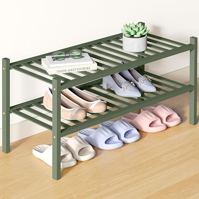 Smiry Bamboo Shoe Rack for Closet, 2 Tier Wooden Stackable Shoe Organizer, Free Standing Shoes Storage Shelf for Entryway, Front Door Entrance, Green