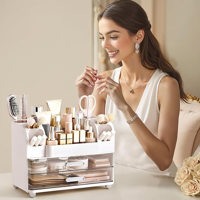 HBlife Makeup Organizer for Vanity with Brush Holder, Large Bathroom Countertop Cosmetic Organizer Skin Care Storage, Easy to Store Lipsticks, Nail Polishes, Perfumes, Eyeshadow Palettes, White