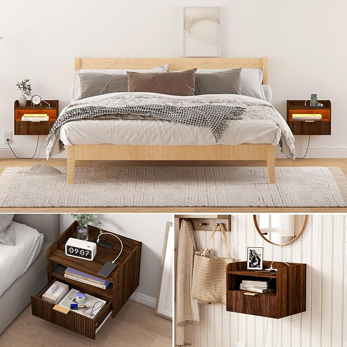 Floating Nightstand with Charging Station and LED Lights (Walnut Brown)
