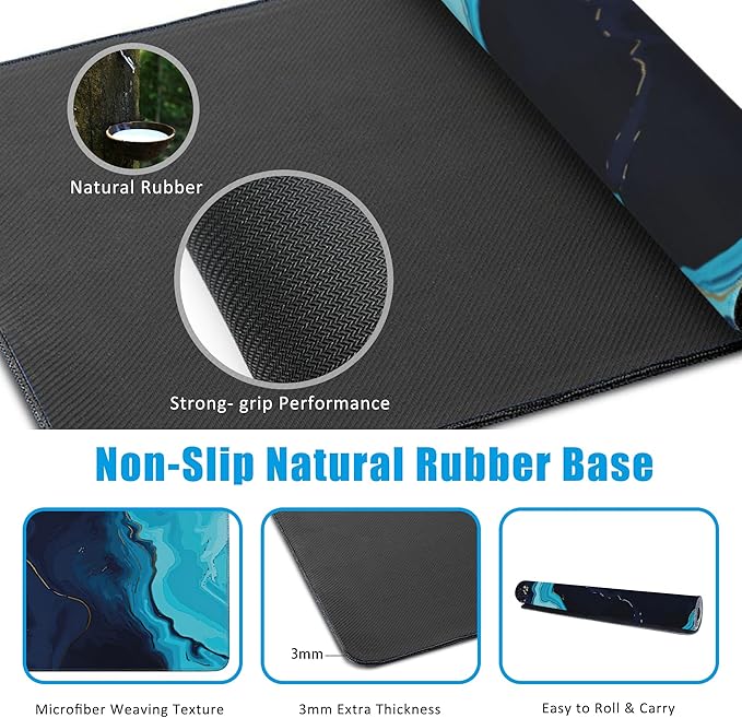 Blue Marble Desk Mat,Large Gaming Mouse Pad,Non-Slip Rubber Base Desk Pad with Stitched Edges for Desk Office Home Decor 35.4X15.7 Inch