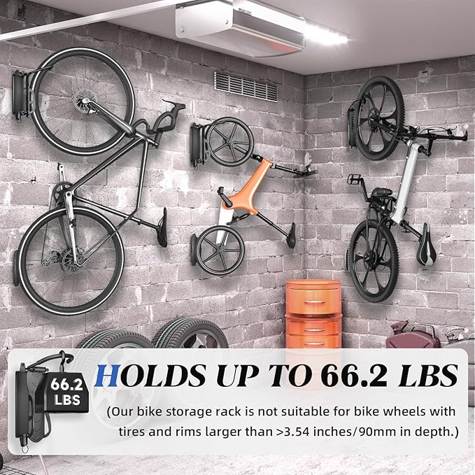 Goovilla Swivel Bike Wall Mount 2 Pack, Space Saving Bike Hangers for Garage with Screw and Easy Installation, Metal Vertical Bike Rack Wall Mount Holds up to 66.2lbs with No-scratch Protection, Black