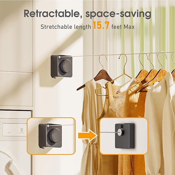 Retractable Heavy Duty Clothesline - Wall Mounted Indoor and Outdoor Laundry Drying Solution, 15.7ft Anti-Sagging Stainless Steel Rope (Grey)