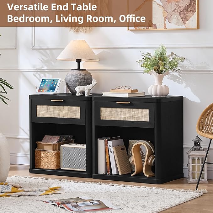 LEYAOYAO Rattan Nightstands Set of 2 with Charging Station, Black Night Stand with Drawer, 23" Wide Boho Bedside Table with Storage Shelf, Bed Side End Tables for Bedroom, Living Room, Hallway